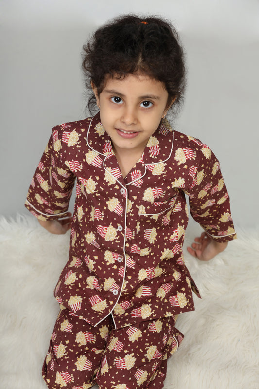 Popcorn Print Brown Pajama Set