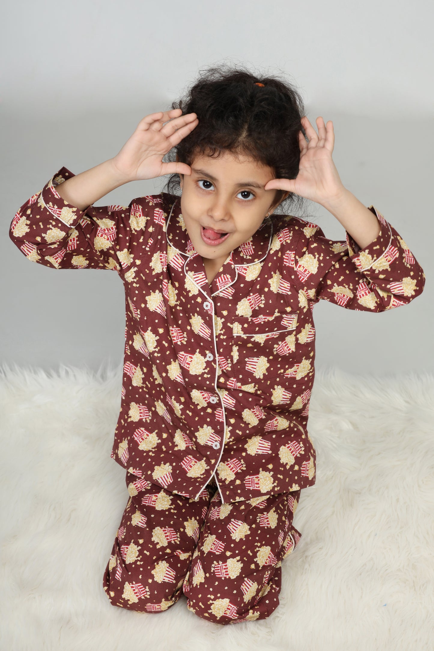 Popcorn Print Brown Pajama Set