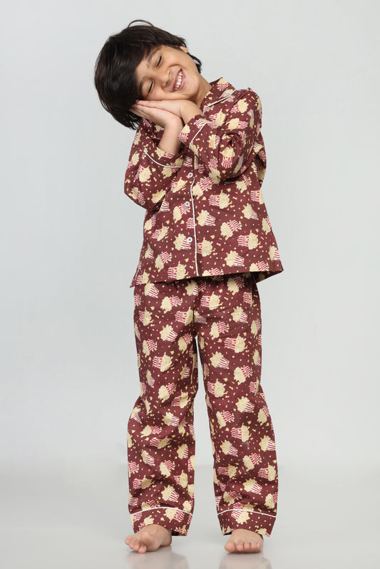 Popcorn Print Brown Pajama Set