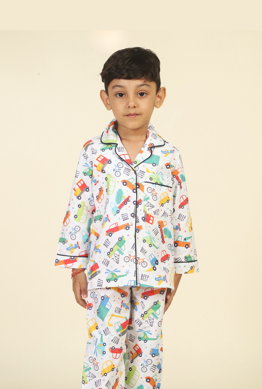 Cute Transport White Pajama Set