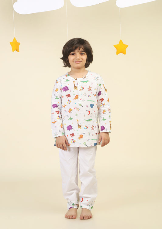 Jungle Safari White kurta Pajama Set