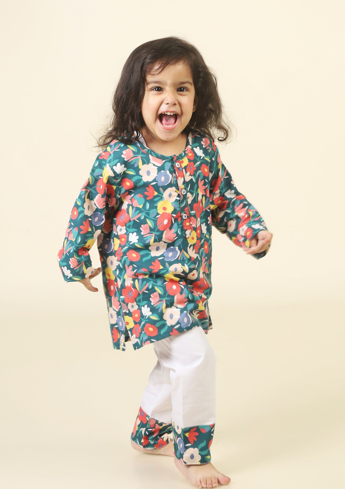 Floral Print Dark green kurta Pajama Set