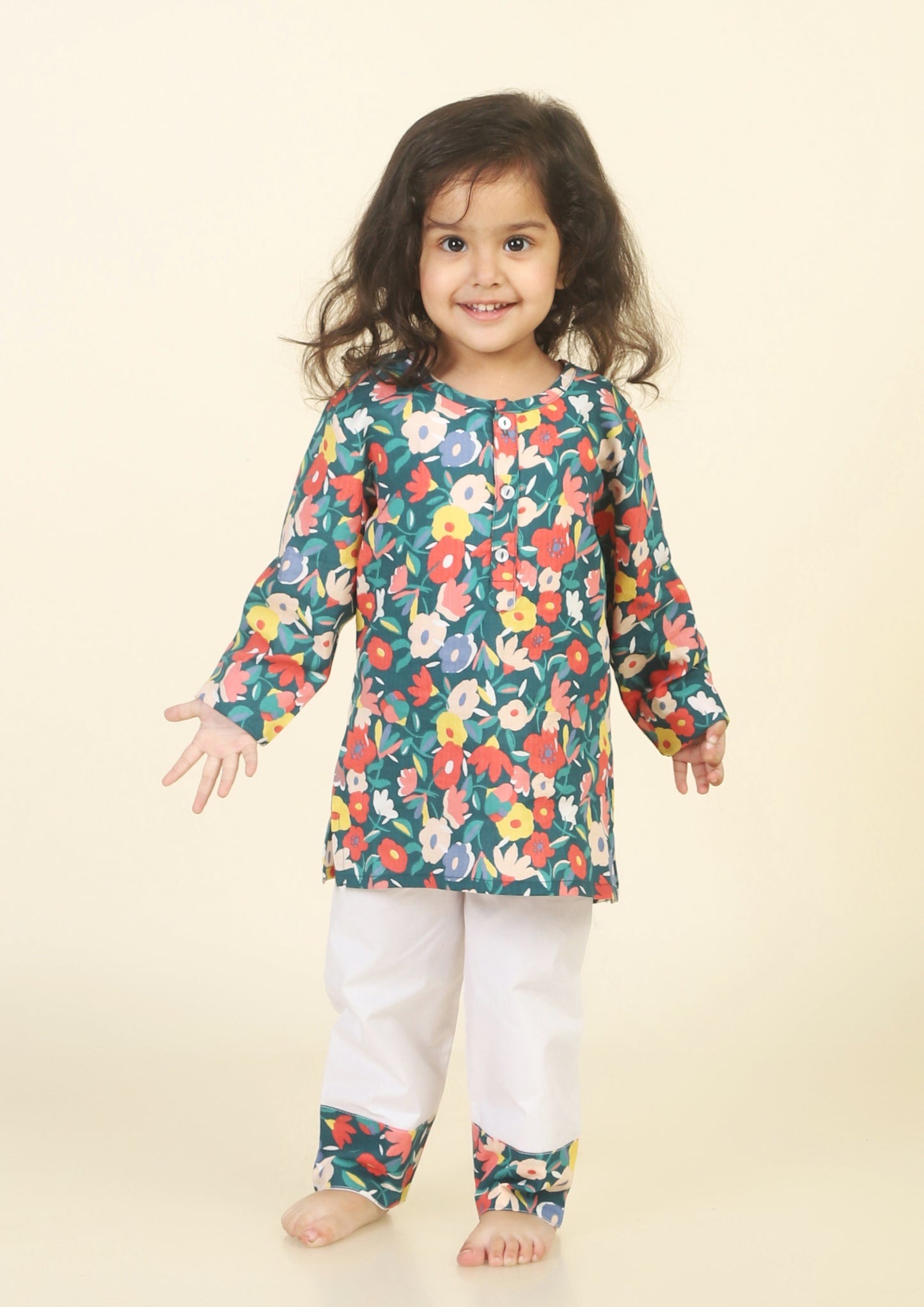 Floral Print Dark green kurta Pajama Set