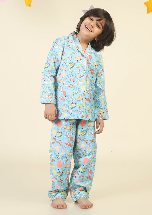 Cute Transport Light Blue Pajama Set