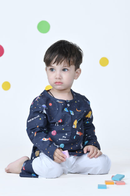 Space Travel Dark Blue Kurta Pajama Set