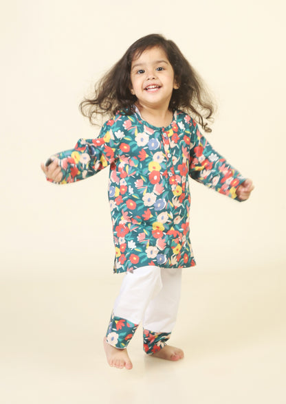 Floral Print Dark green kurta Pajama Set