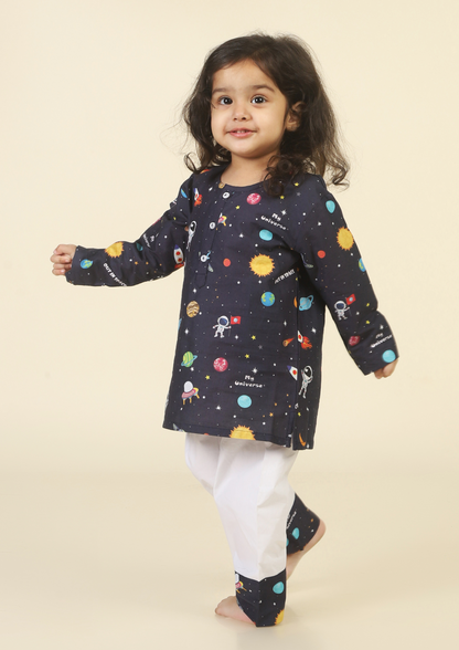 Space Travel Dark Blue Kurta Pajama Set