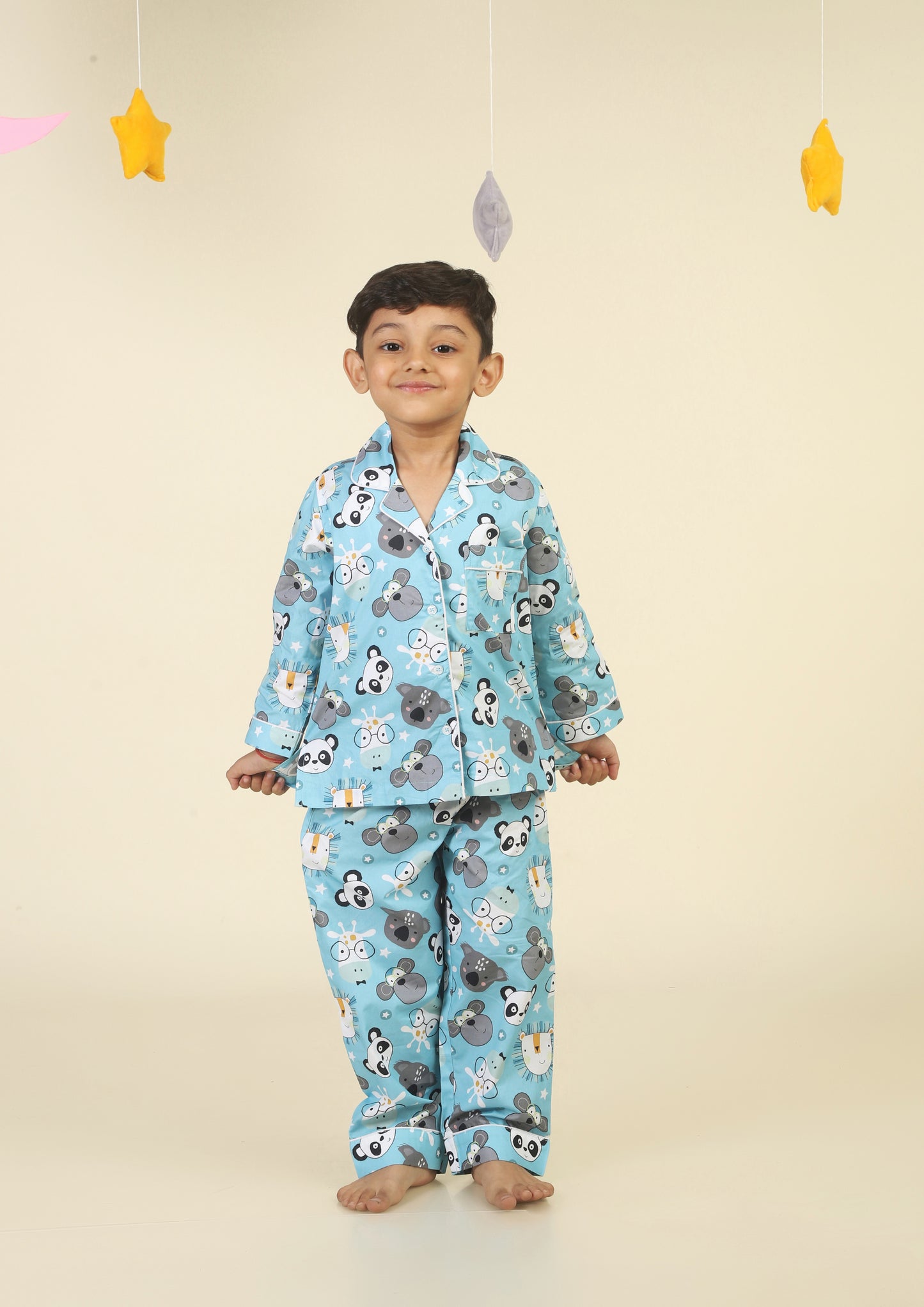 Cute Animal Faces Light Blue Pajama Set