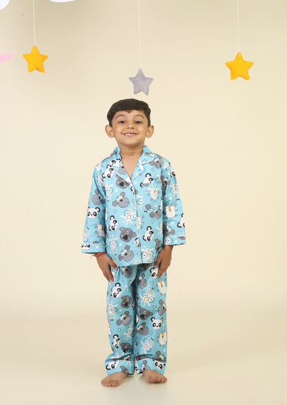 Cute Animal Faces Light Blue Pajama Set