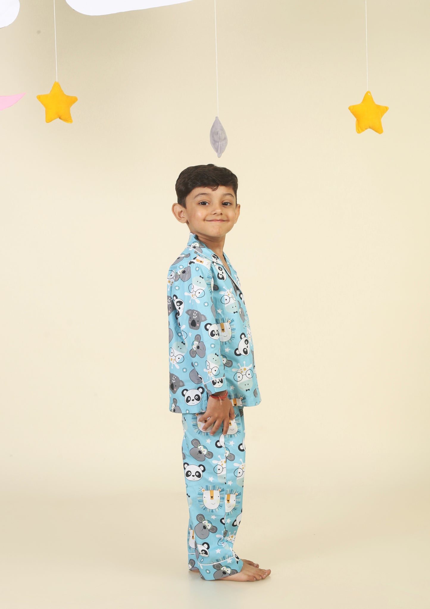 Cute Animal Faces Light Blue Pajama Set