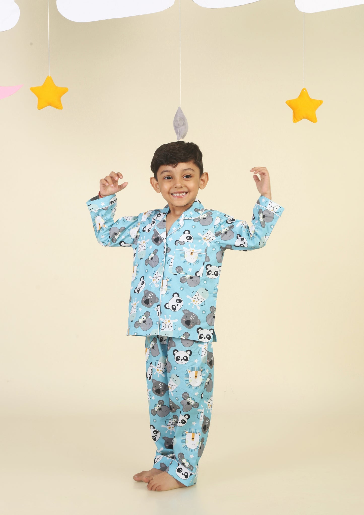 Cute Animal Faces Light Blue Pajama Set