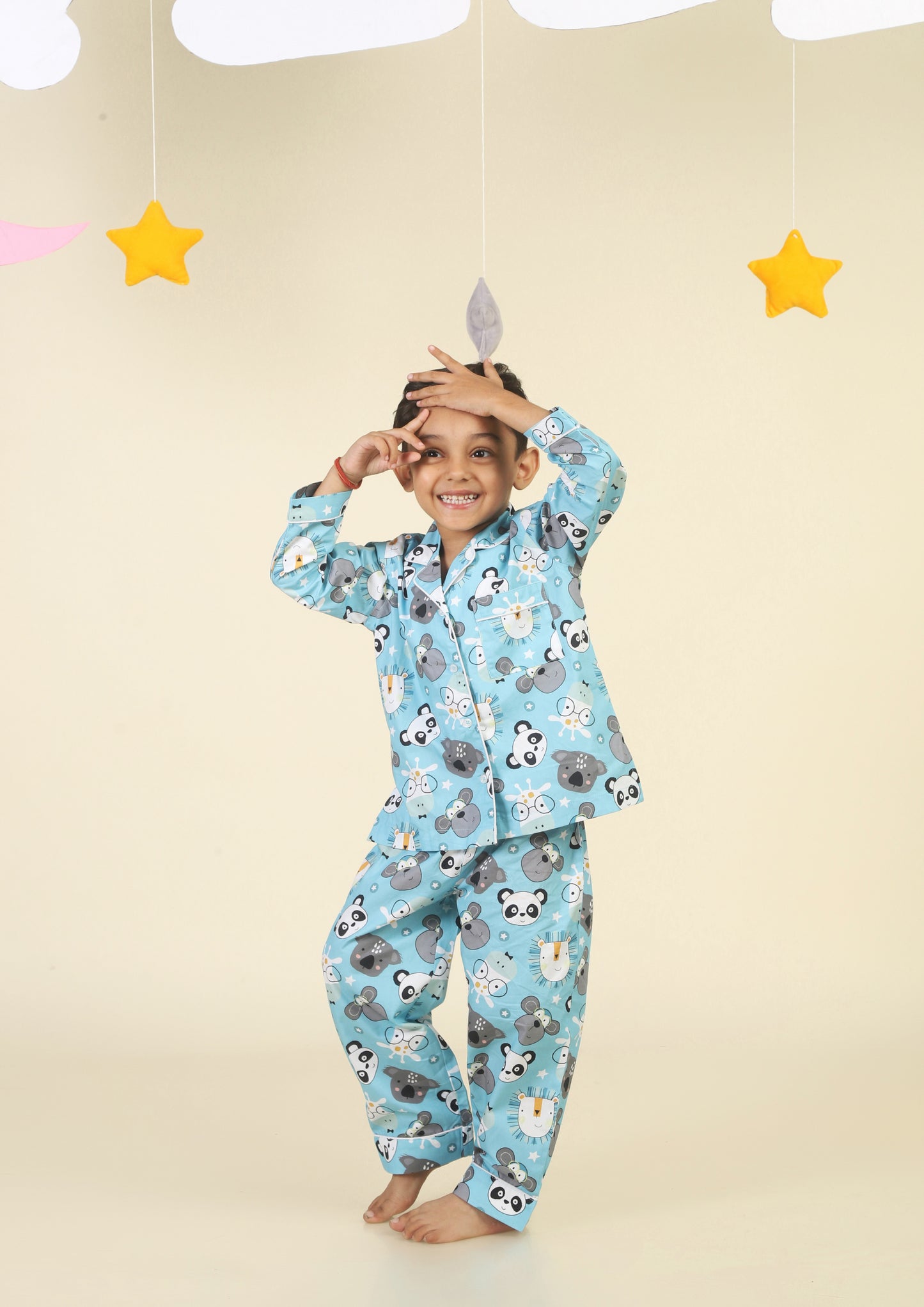 Cute Animal Faces Light Blue Pajama Set