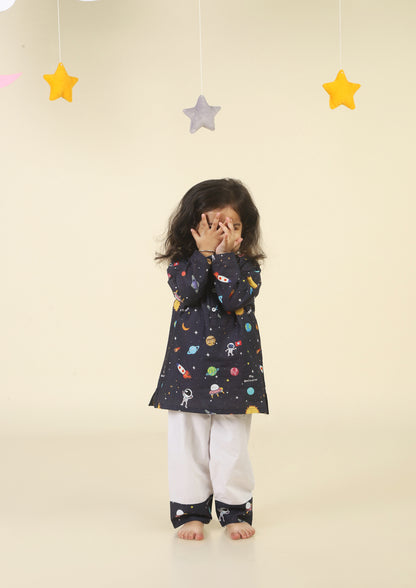 Space Travel Dark Blue Kurta Pajama Set