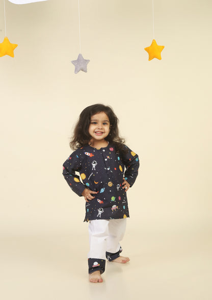 Space Travel Dark Blue Kurta Pajama Set